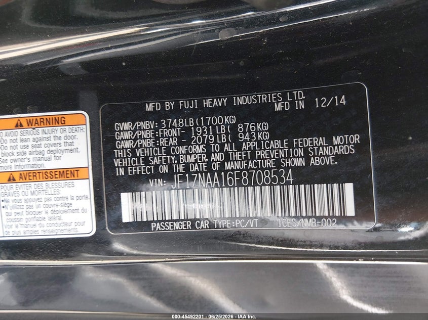 2015 Scion Fr-s VIN JF1ZNAA16F8708534 IAAI salvage auction — UNKNOWN, Clear - Dealer Only (California), sold $900 on 2026-07-29 (photo 9)