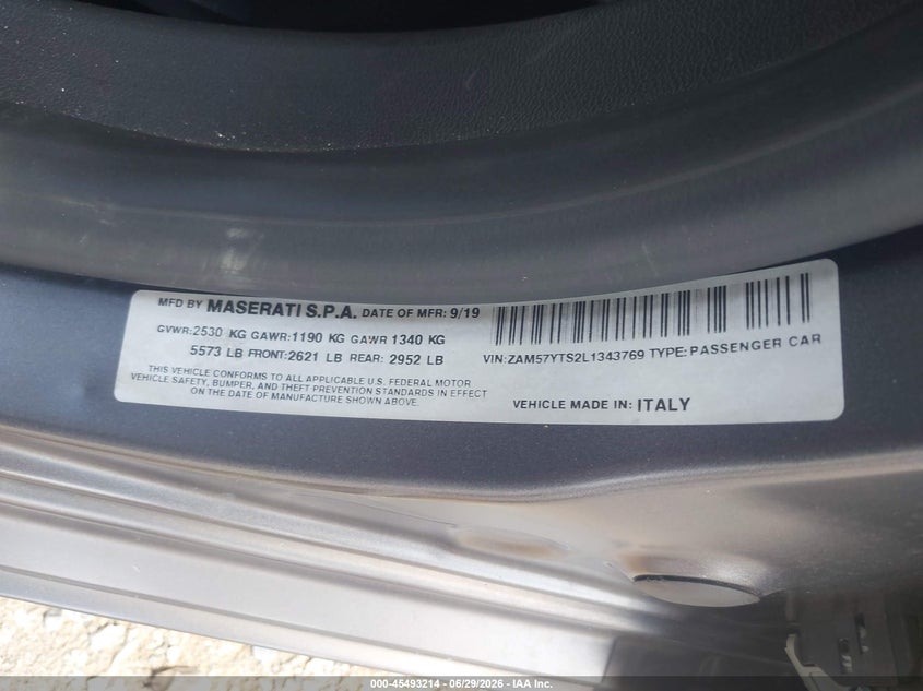 2020 Maserati Ghibli VIN ZAM57YTS2L1343769 IAAI salvage auction — FRONT END, Salvage (Pennsylvania), sold $9,300 on 2026-08-01 (photo 9)