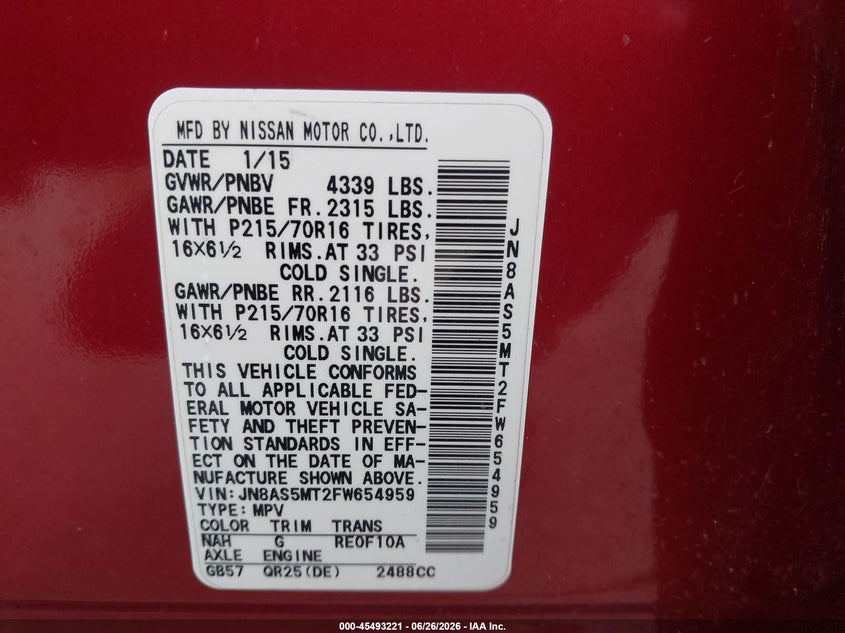 2015 Nissan Rogue VIN JN8AS5MT2FW654959 IAAI salvage auction — NORMAL WEAR, Clear (Missouri), sold $775 on 2026-07-14 (photo 9)