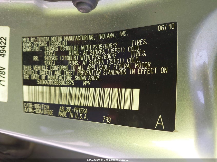2011 Toyota Sienna VIN 5TDKA3DC8BS003675 IAAI salvage auction — FRONT & REAR, Salvage (North Carolina), sold $1,250 on 2026-08-02 (photo 9)