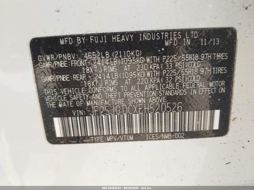 2014 Subaru Forester VIN JF2SJGDCXEH520526 IAAI salvage auction — FRONT & REAR, Clear (Massachusetts), sold $1,250 on 2026-07-28 (photo 9)