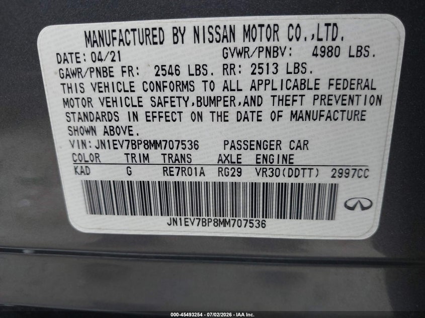 2021 Infiniti Q50 VIN JN1EV7BP8MM707536 IAAI salvage auction — STRIPPED, Salvage Title, sold $3,350 on 2026-07-19 (photo 9)