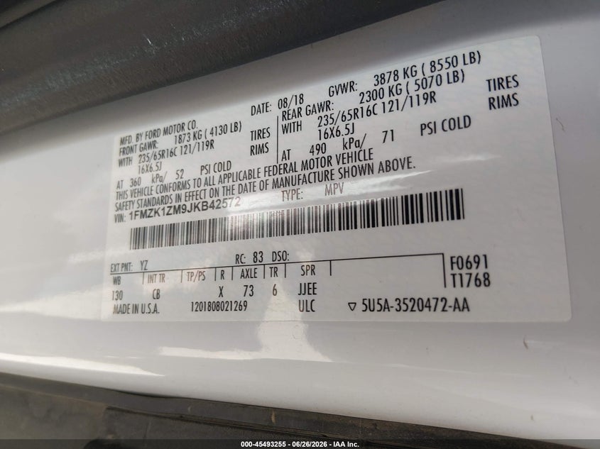 2018 Ford Transit 150 VIN 1FMZK1ZM9JKB42572 IAAI salvage auction — NORMAL WEAR, Sf97 (Arizona), sold $16,900 on 2026-07-28 (photo 9)