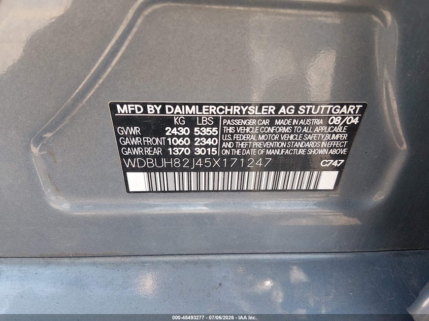 2005 Mercedes-benz E-class VIN WDBUH82J45X171247 IAAI salvage auction — NORMAL WEAR, Clear (Idaho), sold $675 on 2026-07-10 (photo 9)