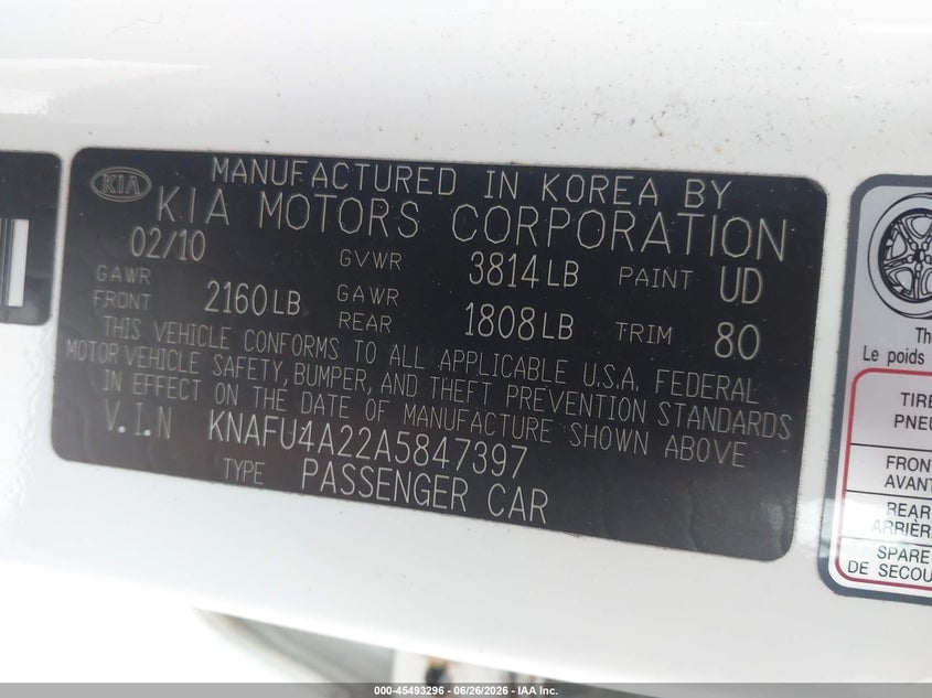 2010 Kia Forte VIN KNAFU4A22A5847397 IAAI salvage auction — NORMAL WEAR, Clear (Missouri), sold $425 on 2026-07-14 (photo 9)