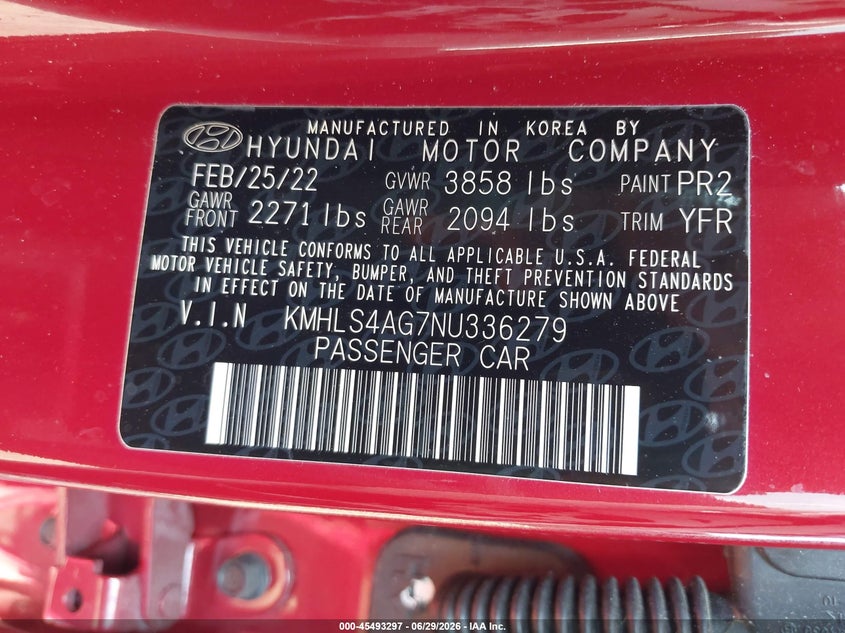 2022 Hyundai Elantra VIN KMHLS4AG7NU336279 IAAI salvage auction — REAR END, Salvage (Idaho), sold $25 on 2026-07-29 (photo 9)