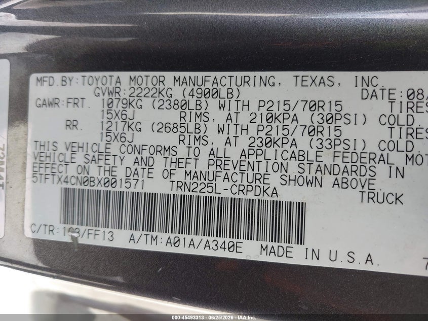 2011 Toyota Tacoma VIN 5TFTX4CN0BX001571 IAAI salvage auction — LEFT & RIGHT, Clear (Florida), sold $5,500 on 2026-08-01 (photo 9)