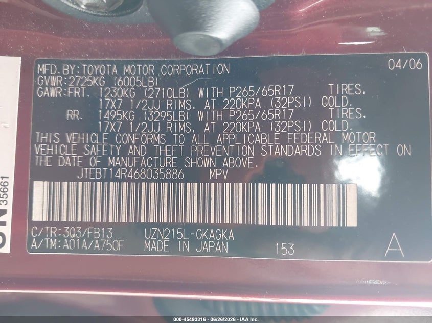 2006 Toyota 4runner VIN JTEBT14R468035886 IAAI salvage auction — NORMAL WEAR, Clear (Tennessee), sold $4,000 on 2026-07-09 (photo 9)