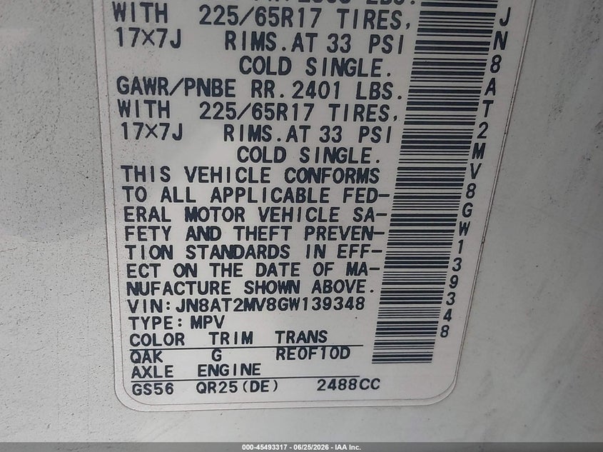 2016 Nissan Rogue VIN JN8AT2MV8GW139348 IAAI salvage auction — FRAME DAMAGE, Clear - Dealer Only (California), sold $600 on 2026-07-08 (photo 9)