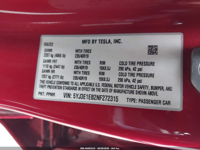 2022 Tesla Model 3 VIN 5YJ3E1EB2NF272315 IAAI salvage auction — FRONT END, Salvage Title, sold $4,850 on 2026-08-27 (photo 9)