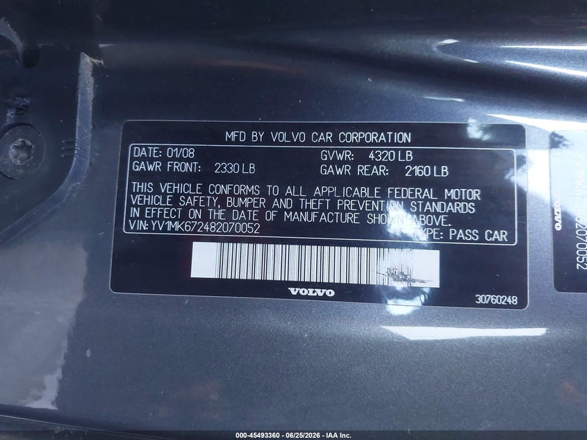 2008 Volvo C30 VIN YV1MK672482070052 IAAI salvage auction — RIGHT REAR, Salvage (California), sold $475 on 2026-07-23 (photo 9)
