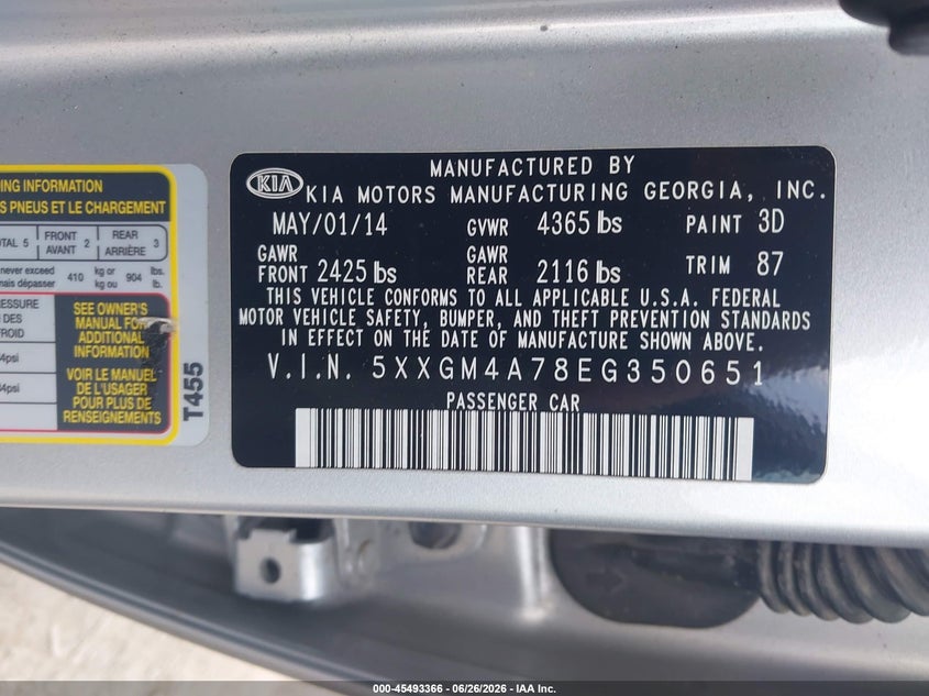2014 Kia Optima VIN 5XXGM4A78EG350651 IAAI salvage auction — NORMAL WEAR, Clear (Tennessee), sold $425 on 2026-07-29 (photo 9)