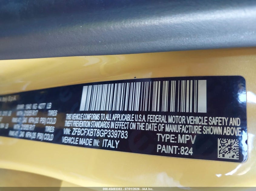 2016 Fiat 500x VIN ZFBCFXBT8GP339783 IAAI salvage auction — REAR END, Salvage (Arizona), sold $1,000 on 2026-07-28 (photo 9)