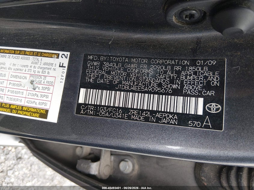 2010 Toyota Corolla VIN JTDBU4EE5A9095676 IAAI salvage auction — FRONT END, Salvage - Greater Than 75% (Maryland), sold $675 on 2026-07-27 (photo 9)