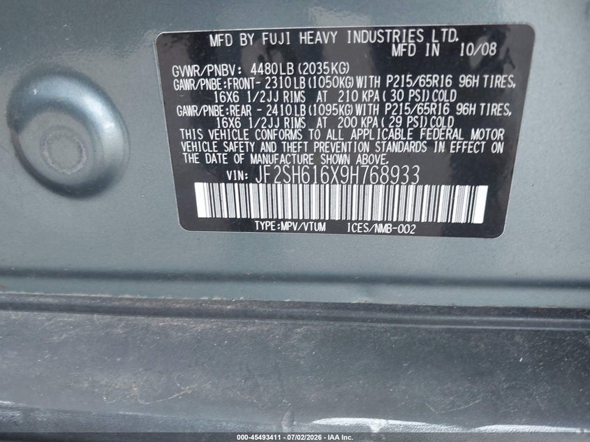 2009 Subaru Forester VIN JF2SH616X9H768933 IAAI salvage auction — REAR END, Salvage (Connecticut), sold $350 on 2026-07-30 (photo 9)