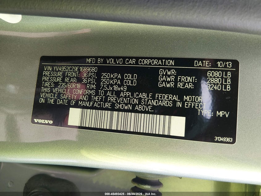 2014 Volvo Xc90 VIN YV4952CZ9E1689680 IAAI salvage auction — FRONT END, Salvage (Ohio), sold $925 on 2026-07-12 (photo 9)