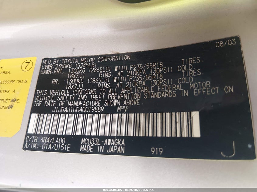 2004 Lexus Rx VIN JTJGA31U040019889 IAAI salvage auction — NORMAL WEAR, Clear (Florida), sold $1,200 on 2026-07-28 (photo 9)