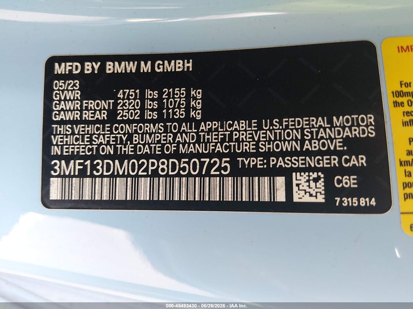2023 BMW M2 VIN 3MF13DM02P8D50725 IAAI salvage auction — UNDERCARRIAGE, Rebuildable (Florida), sold $24,500 on 2026-07-30 (photo 9)