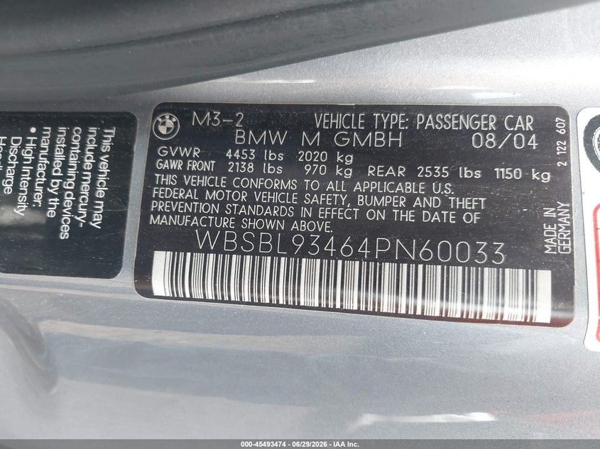 2004 BMW M3 VIN WBSBL93464PN60033 IAAI salvage auction — BIO HAZARD, Salvage - Greater Than 75% (Maryland), sold $21,400 on 2026-07-22 (photo 9)
