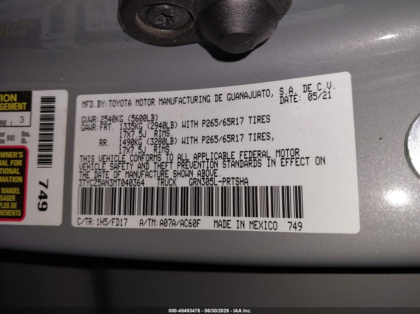 2021 Toyota Tacoma VIN 3TYCZ5AN3MT040364 IAAI salvage auction — FRONT END, Salvage Title, sold $12,800 on 2026-08-01 (photo 9)