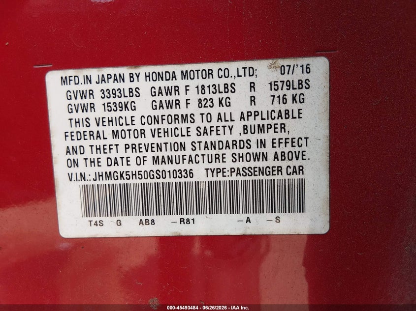 2016 Honda Fit VIN JHMGK5H50GS010336 IAAI salvage auction — REAR END, Salvage (Alabama), sold $1,250 on 2026-07-17 (photo 9)
