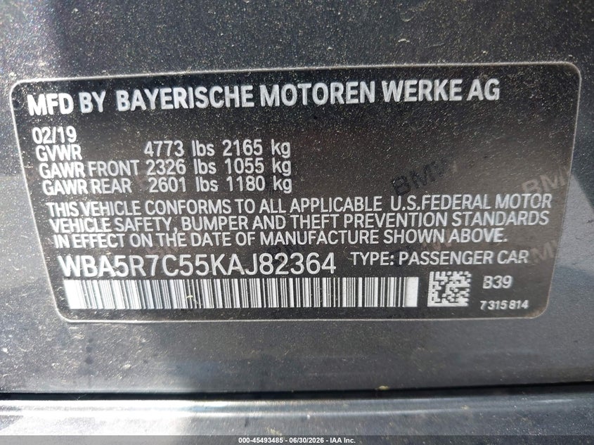 2019 BMW 3er VIN WBA5R7C55KAJ82364 IAAI salvage auction — SIDE, Salvage (Connecticut), sold $8,150 on 2026-07-09 (photo 9)