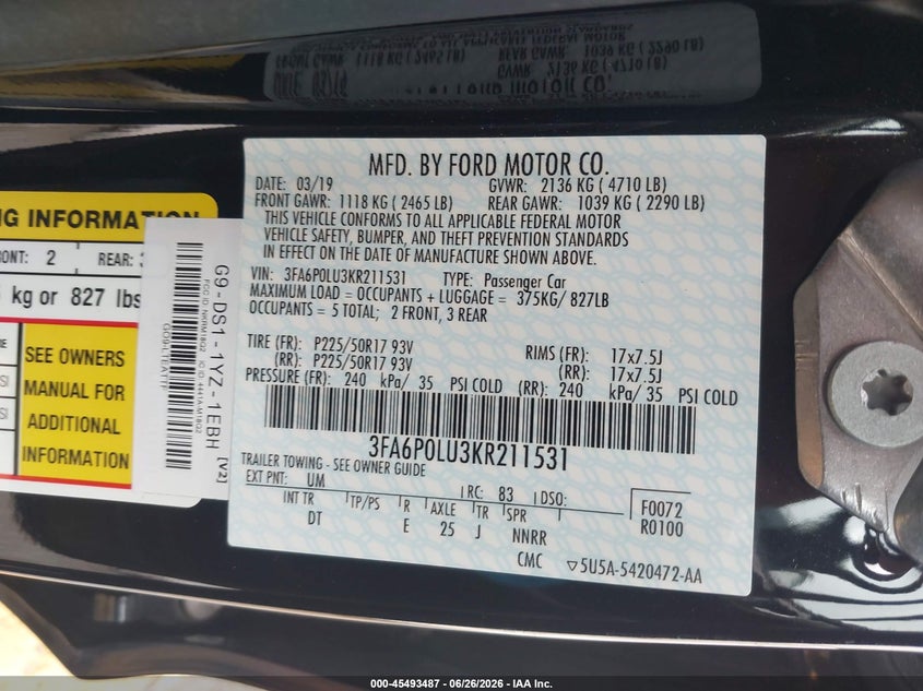 2019 Ford Fusion VIN 3FA6P0LU3KR211531 IAAI salvage auction — SIDE, Sf97 (California), sold $7,300 on 2026-07-28 (photo 9)