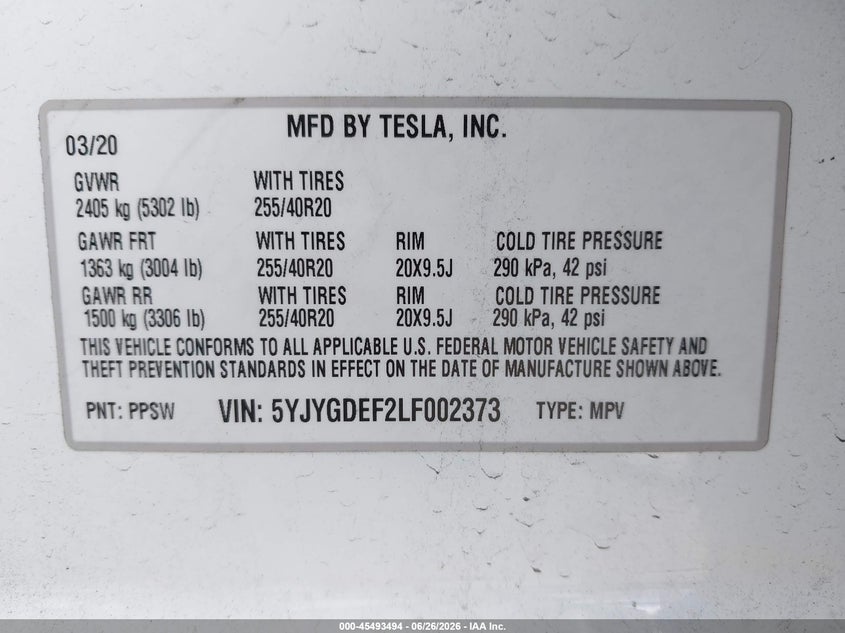 2020 Tesla Model y VIN 5YJYGDEF2LF002373 IAAI salvage auction — ALL OVER, Salvage (California), sold $8,500 on 2026-07-13 (photo 9)