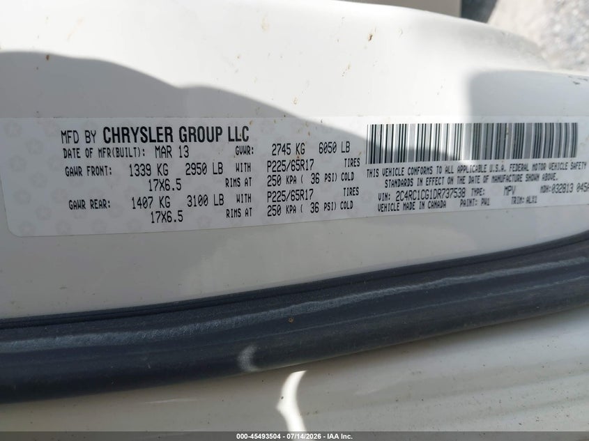2013 Chrysler Town & country VIN 2C4RC1CG1DR737538 IAAI salvage auction — FRONT END, Clear (Virginia), sold $525 on 2026-07-19 (photo 9)