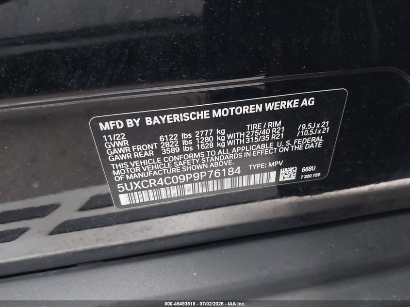 2023 BMW X5 VIN 5UXCR4C09P9P76184 IAAI salvage auction — UNDERCARRIAGE, Salvage Certificate (California), sold $14,100 on 2026-07-22 (photo 9)