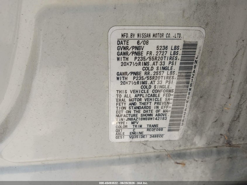 2009 Nissan Murano VIN JN8AZ18W89W142183 IAAI salvage auction — NORMAL WEAR, Clear - Dealer Only (California), sold $300 on 2026-07-09 (photo 9)