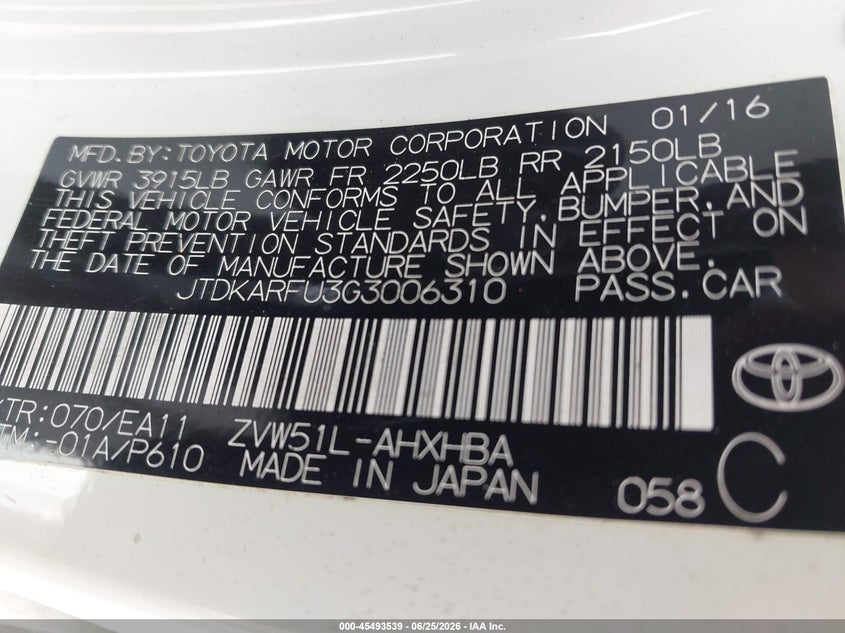 2016 Toyota Prius VIN JTDKARFU3G3006310 IAAI salvage auction — ENGINE DAMAGE, Clear (Florida), sold $6,950 on 2026-07-15 (photo 9)