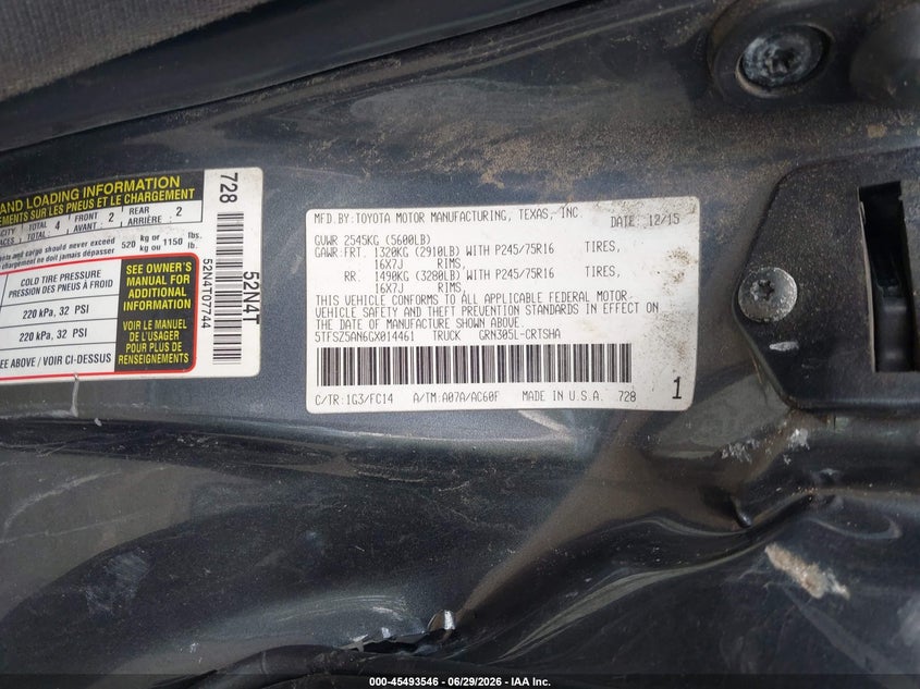 2016 Toyota Tacoma VIN 5TFSZ5AN6GX014461 IAAI salvage auction — LEFT SIDE, Salvage (Ohio), sold $3,450 on 2026-07-28 (photo 9)