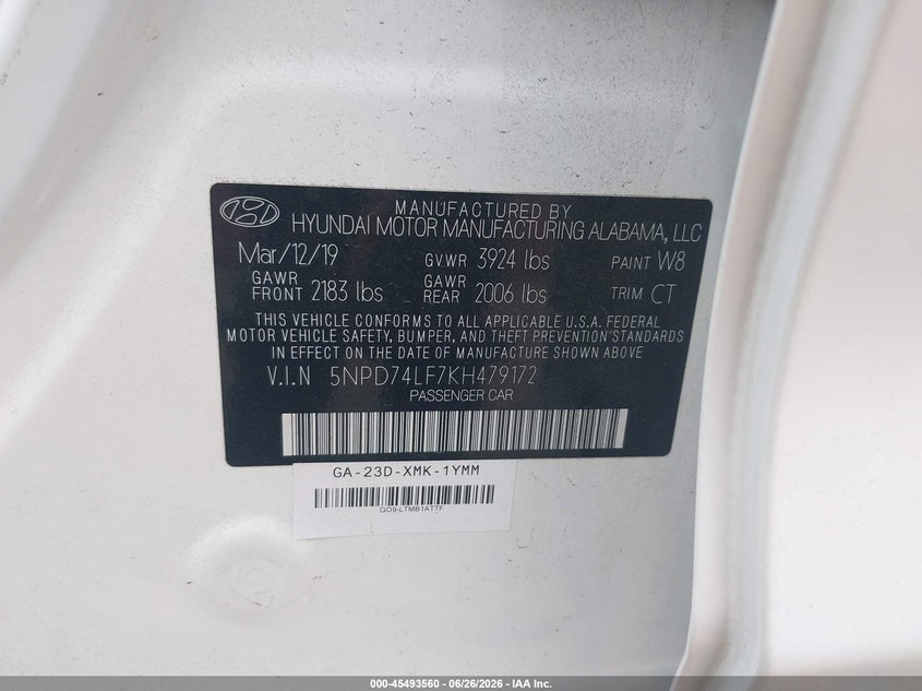 2019 Hyundai Elantra VIN 5NPD74LF7KH479172 IAAI salvage auction — FRONT END, Sf97 (California), sold $8,200 on 2026-07-28 (photo 9)