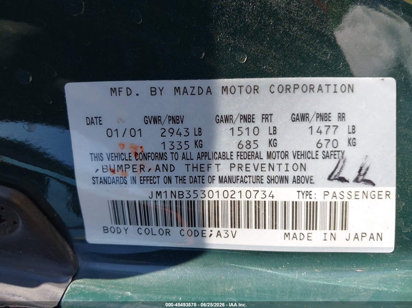 2001 Mazda Mx-5 VIN JM1NB353010210734 IAAI salvage auction — NORMAL WEAR, Clear - Dealer Only (California), sold $1,750 on 2026-07-06 (photo 9)