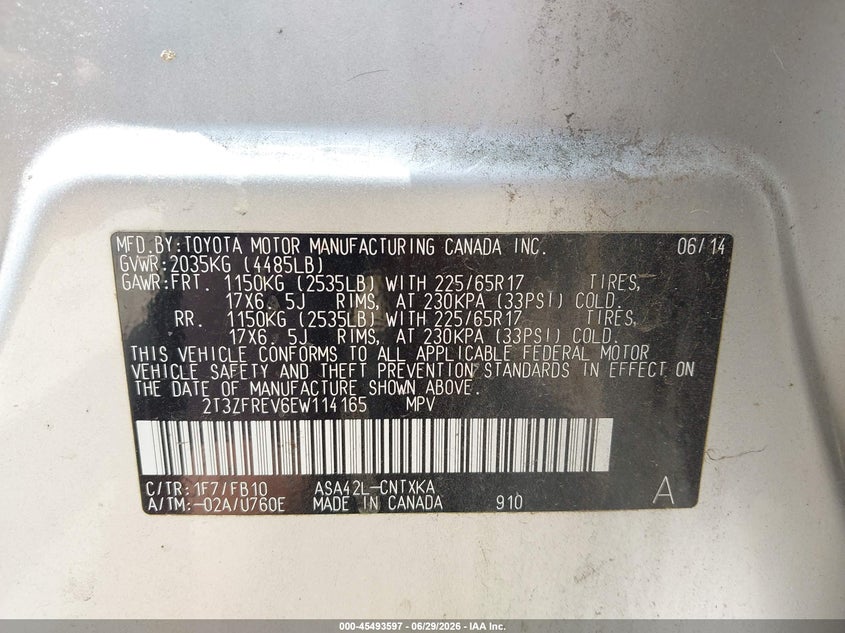 2014 Toyota Rav 4 VIN 2T3ZFREV6EW114165 IAAI salvage auction — FRONT & REAR, Salvage (Texas), sold $2,850 on 2026-09-03 (photo 9)