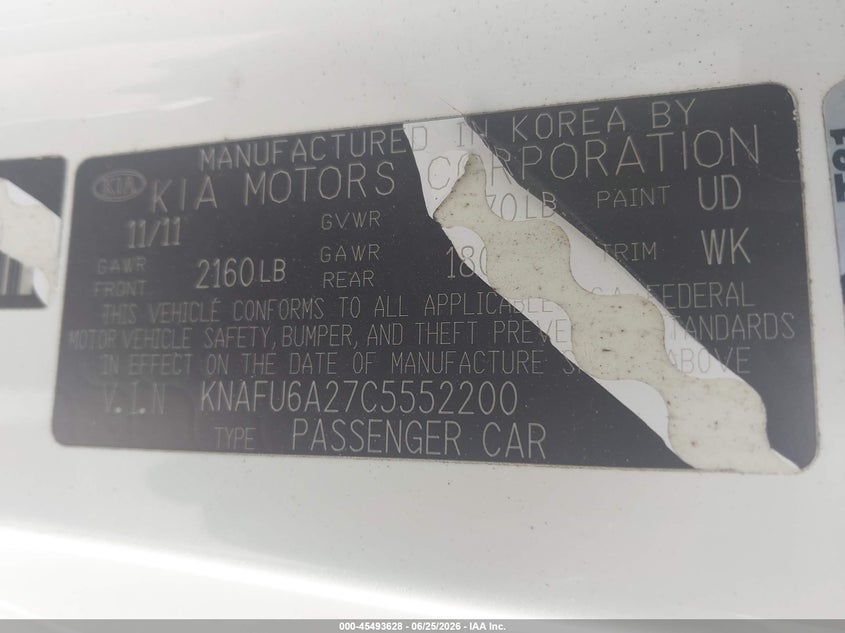 2012 Kia Forte VIN KNAFU6A27C5552200 IAAI salvage auction — NORMAL WEAR, Clear (Pennsylvania), sold $500 on 2026-07-24 (photo 9)