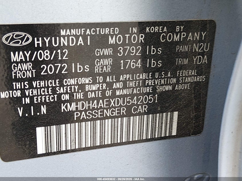 2013 Hyundai Elantra VIN KMHDH4AEXDU542051 IAAI salvage auction — BIO HAZARD, Bill Of Sale (Washington), sold $350 on 2026-07-31 (photo 9)