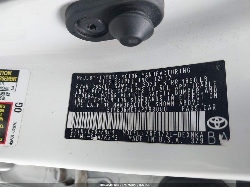 2018 Toyota Corolla VIN 5YFBURHE4JP788080 IAAI salvage auction — FRONT END, Salvage (Tennessee), sold $1,650 on 2026-07-28 (photo 9)