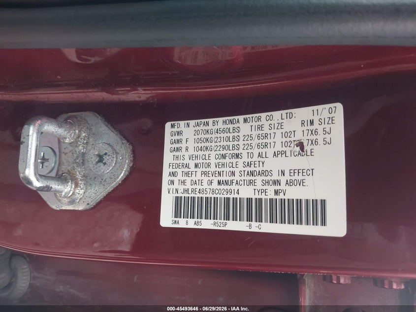 2008 Honda Cr-v VIN JHLRE48578C029914 IAAI salvage auction — NORMAL WEAR, Clear-Endorsement (Wisconsin), sold $875 on 2026-07-16 (photo 9)