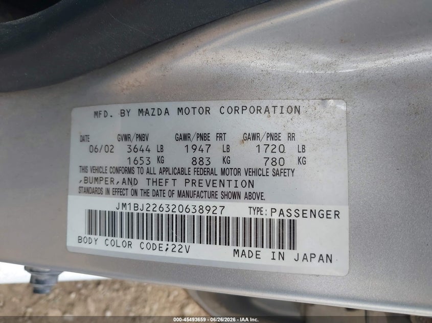 2002 Mazda Protege VIN JM1BJ226320638927 IAAI salvage auction — FRONT & REAR, Bill Of Sale (Washington), sold $300 on 2026-07-14 (photo 9)