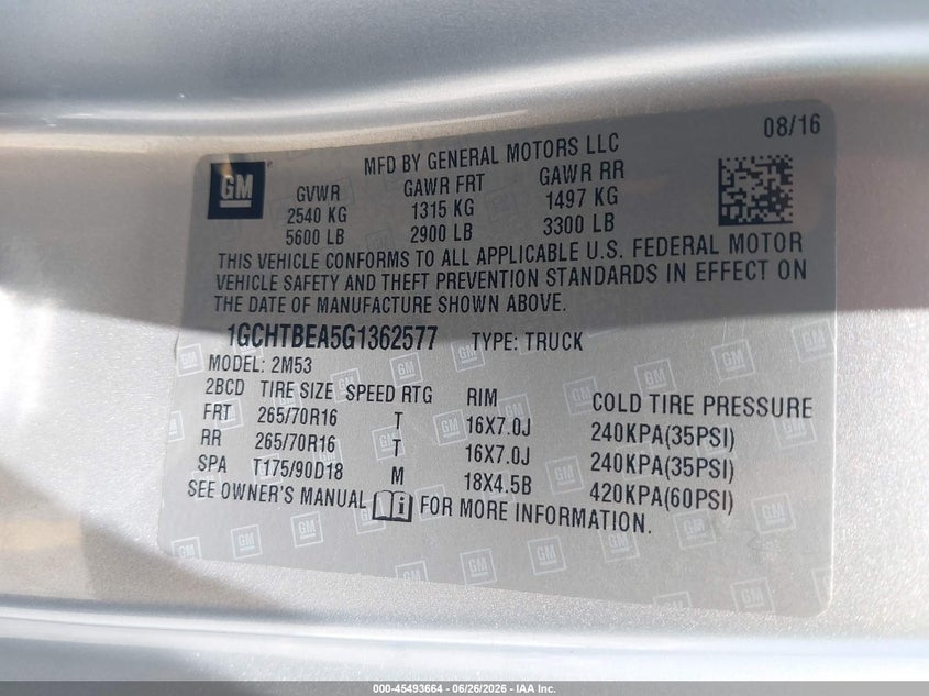 2016 Chevrolet Colorado VIN 1GCHTBEA5G1362577 IAAI salvage auction — NORMAL WEAR, Sf97 (California), sold $10,000 on 2026-07-28 (photo 9)