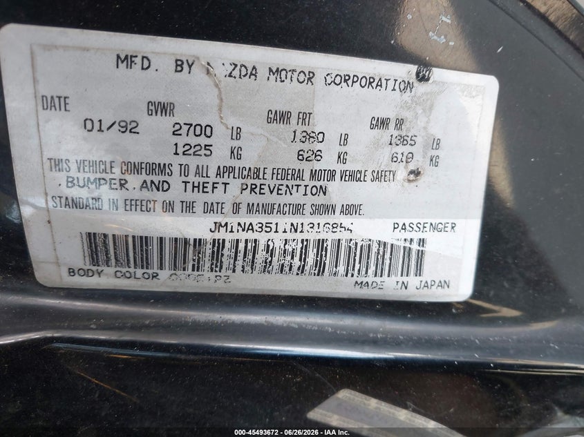 1992 Mazda Mx-5 VIN JM1NA3511N1316854 IAAI salvage auction — NORMAL WEAR, Clear (Florida), sold $225 on 2026-07-22 (photo 9)