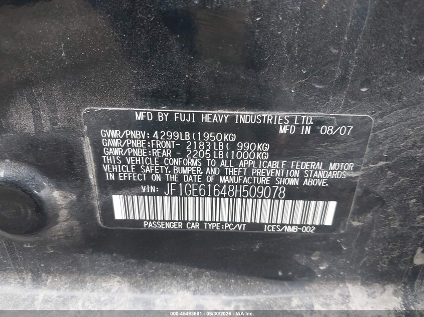 2008 Subaru Impreza VIN JF1GE61648H509078 IAAI salvage auction — NORMAL WEAR, Clear (Idaho), sold $275 on 2026-07-20 (photo 9)