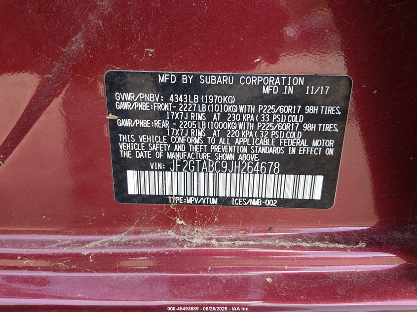 2018 Subaru Xv VIN JF2GTABC9JH264678 IAAI salvage auction — REAR END, Wait Title, sold $0 on 2026-09-10 (photo 9)