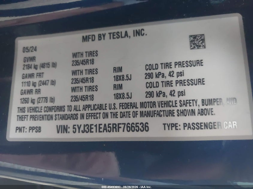 2024 Tesla Model 3 VIN 5YJ3E1EA5RF766536 IAAI salvage auction — SIDE, Salvage (California), sold $4,650 on 2026-07-29 (photo 9)
