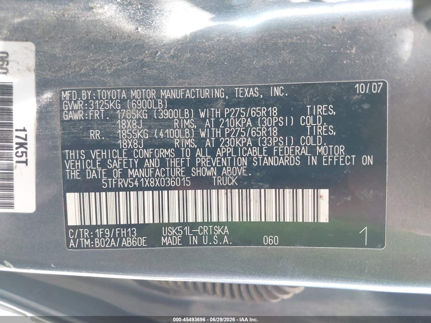 2008 Toyota Tundra VIN 5TFRV541X8X036015 IAAI salvage auction — RIGHT SIDE, Salvage (Ohio), sold $2,150 on 2026-07-29 (photo 9)