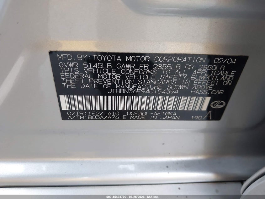 2004 Lexus Ls 430 VIN JTHBN36F940154394 IAAI salvage auction — FRONT END, Salvage (California), sold $1,000 on 2026-07-17 (photo 9)