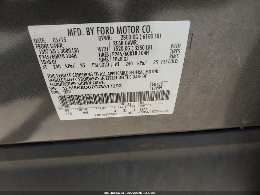 2016 Ford Explorer VIN 1FM5K8D87GGA17292 IAAI salvage auction — NORMAL WEAR, Clear (Indiana), sold $1,125 on 2026-07-23 (photo 9)