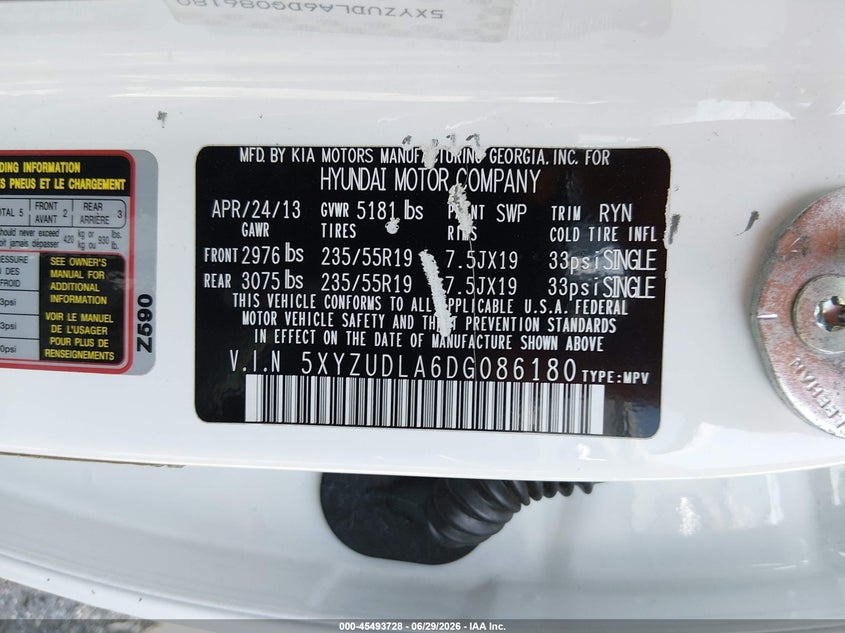 2013 Hyundai Santa fe VIN 5XYZUDLA6DG086180 IAAI salvage auction — FRONT END, Salvage (Pennsylvania), sold $575 on 2026-07-17 (photo 9)